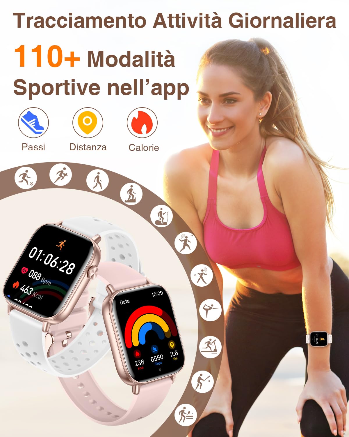 Orologio Smartwatch Donna con Effettua/Risposta Chiamate 4 Cinturini 1,83" Orologio Donna Contapassi Frequenza Cardiaca Sonno 110+ Sportive Smart Watch per Android/iOS, Oro Rosa