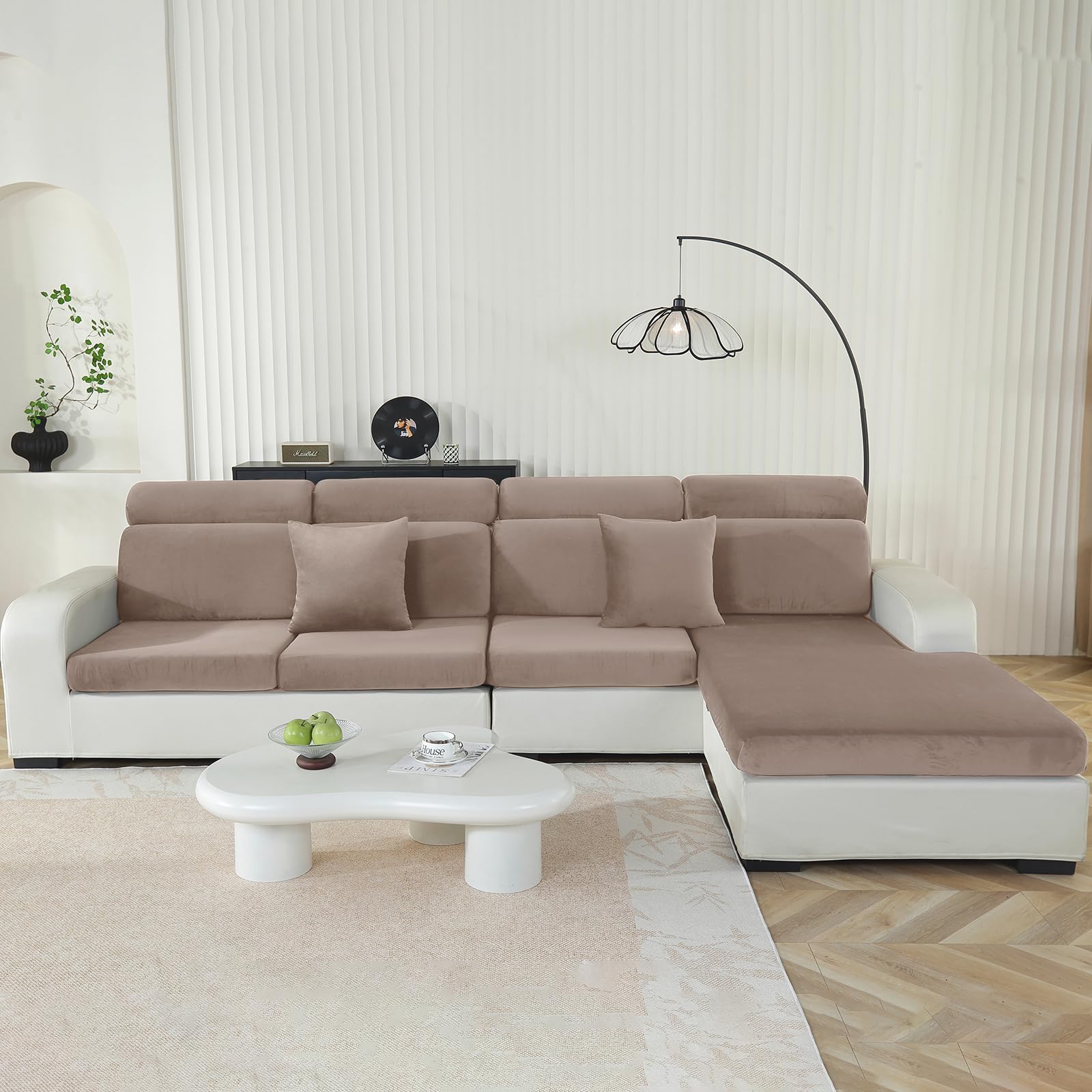 Velluto Copriseduta Divano Elasticizzato, Universale Copricuscini Divano Antiscivolo, Copridivano Cuscini Separati, Soft Sofa Seat Cover Lavabili(3 Posti, Cachi)