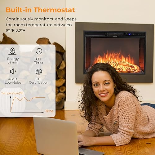 Miniatura 6 de GOFLAME Inserto de chimenea eléctrica de 26 pulgadas, calentador de chimenea empotrado de pared con termostato, 3 colores de llama, 6 brillo de