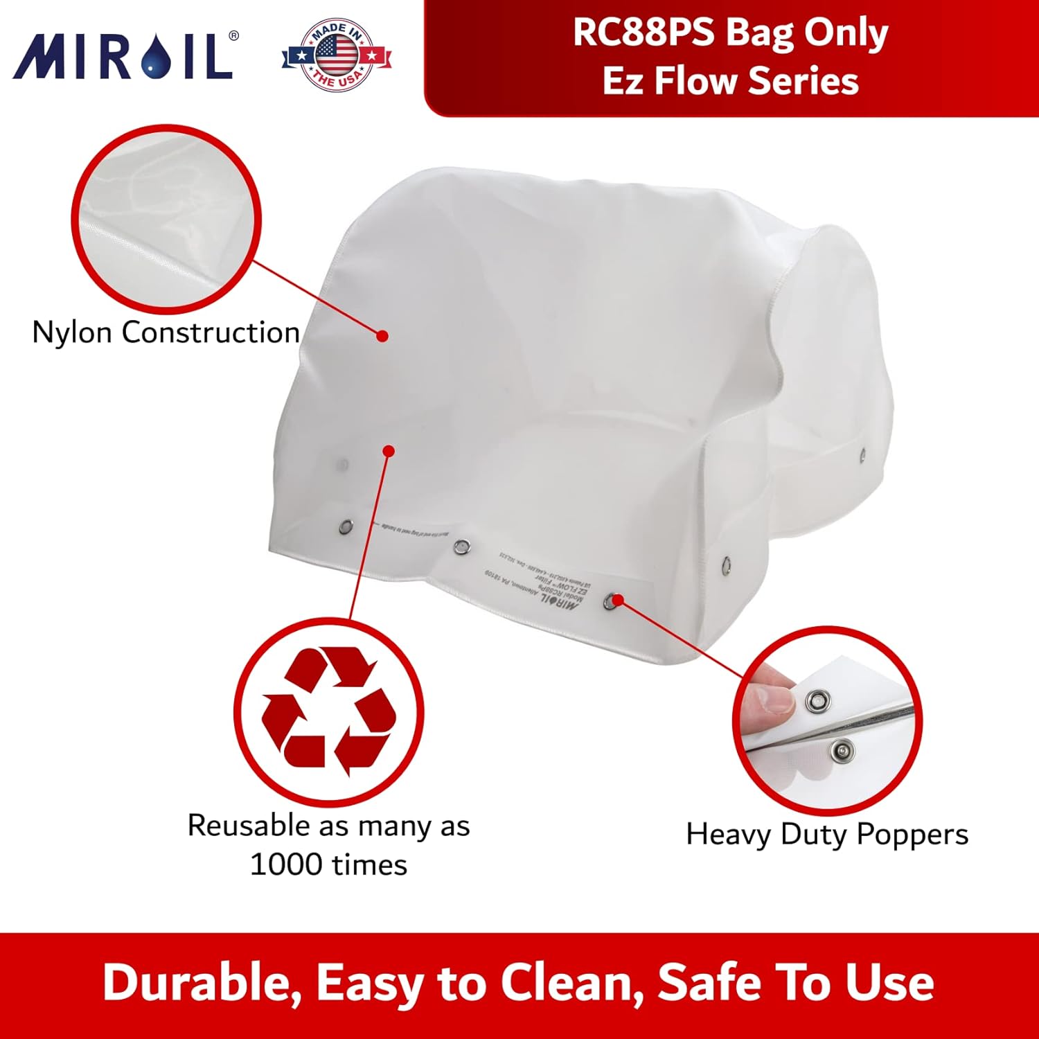 Miroil, RC88PS Fryer Filter Bag, Part 12855, EZ Flow series, For Heavy Crumbloads, Suitable for 60 Qt or 100 lb Oil Capacity, Replacement for Filter Machines 639-033 and 639-036, No Frame
