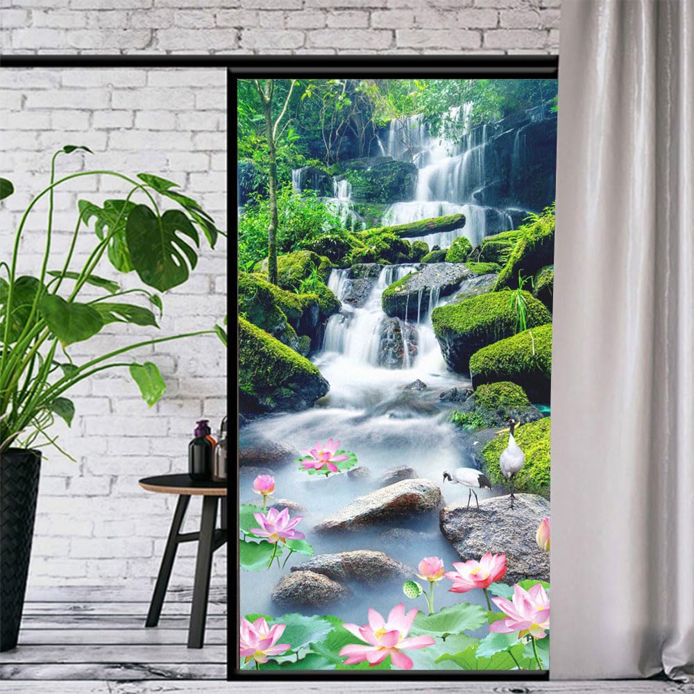 Waterfall Scenery Decorative Privacy Window Film Heat Control Anti UV Blocking Window Stickers Glue Free Static Cling Frosted Window Film W16.5 x H55.1(42x140cm)