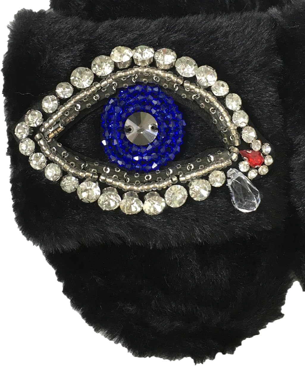 Women's Beaded Evil Eye & Rhinestone Plush Faux Fur Slide Slippers