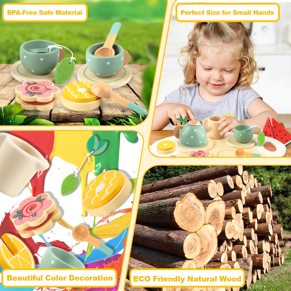 Service à Thé Jouet Bois 15 Pièces - Dinette Enfant - Jeu Rôle Montessori - Cadeau 3-5 Ans