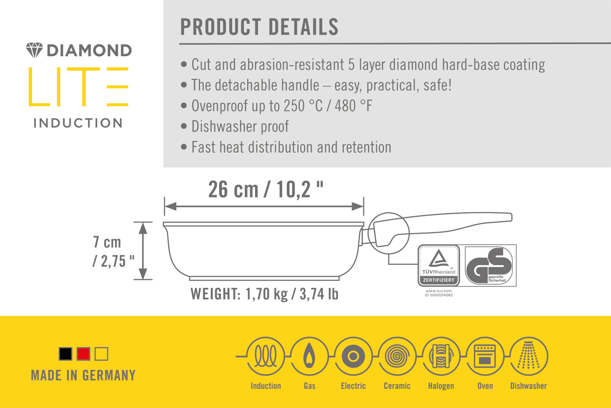 Woll Diamond Lite patelnia aluminiowa indukcyjna Ø 26 cm wysokość 7 cm ze zdejmowanym uchwytem