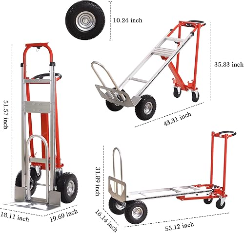 Miniatura 2 de Camión de mano industrial 3 en 1 de aluminio, carretilla de mano convertible, capacidad de 1000 libras, camiones de mano resistentes con ruedas