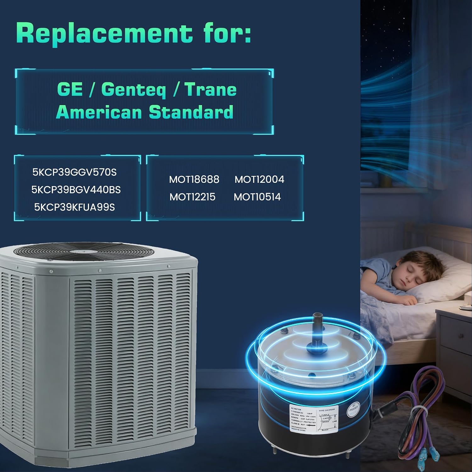 5KCP39GGV570S Condenser Fan Motor with 5µF Capacitor, 1/8 HP 200-230V 825 RPM, 48Y Frame, Replacement for GE Genteq 5KCP39BGV440BS 5KCP39KFUA99S, Trane MOT18688 MOT12004 MOT12215