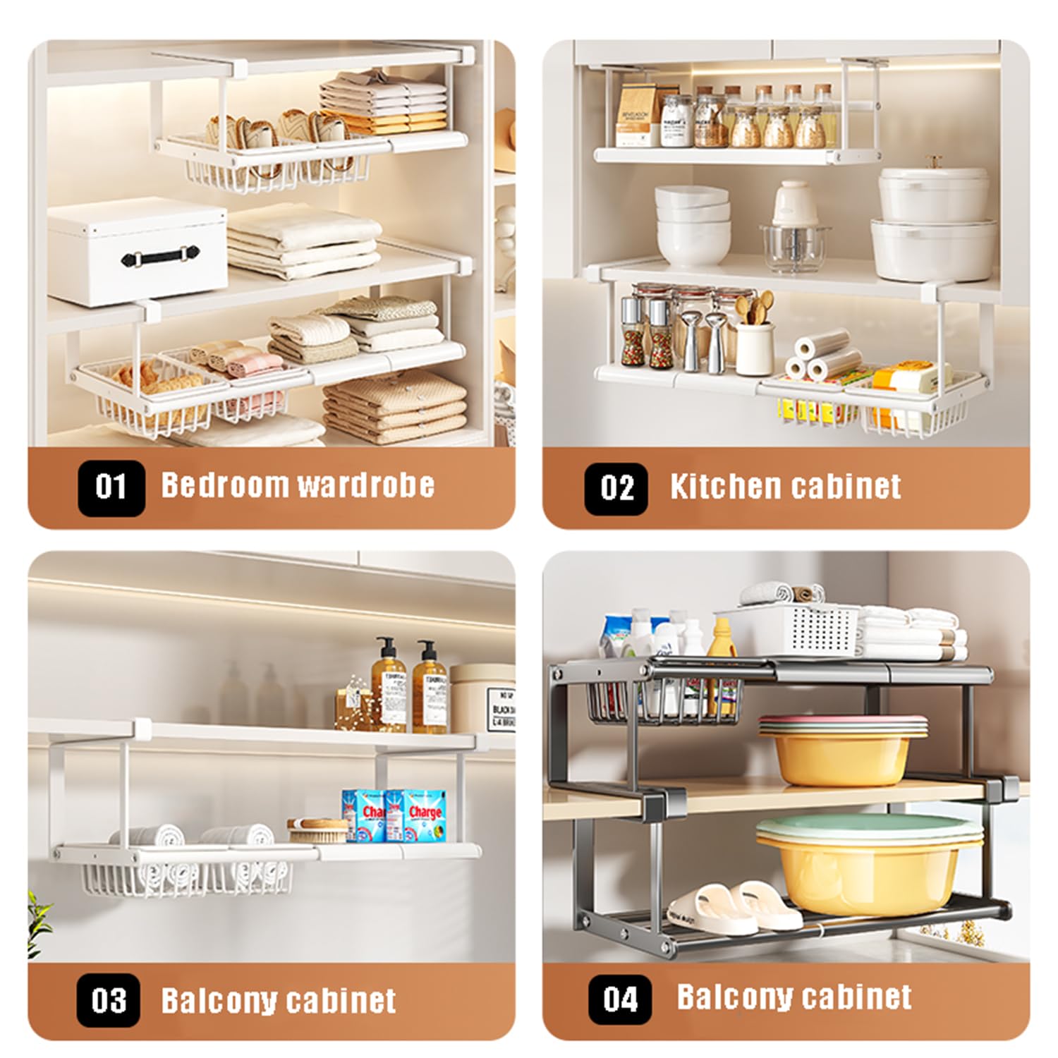 Panier de Rangement sous étagère, Étagère de Rangement Extensible sous l'armoire, Tiroir Suspendu sous Étagère pour Cuisine, Bureau, Garde-Manger, Salle de Bain,Blanc,2 Boards 3 Baskets