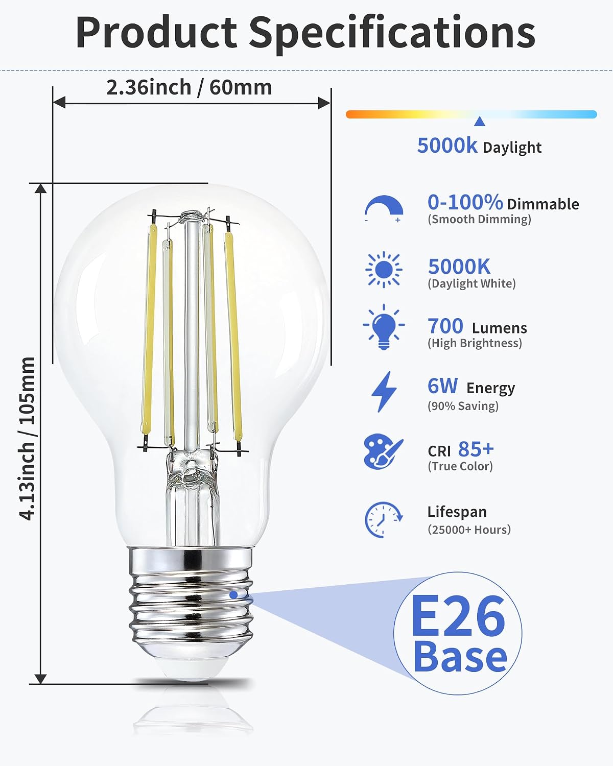 Lafoy LED Edison Bulb 5000K Daylight, Dimmable 60 Watt Equivalent A19 Globe Light Bulbs, Vintage E26 Medium Base Antique Style, 700 Lumen 60W Replacement Bright White, 120V 6 Pack