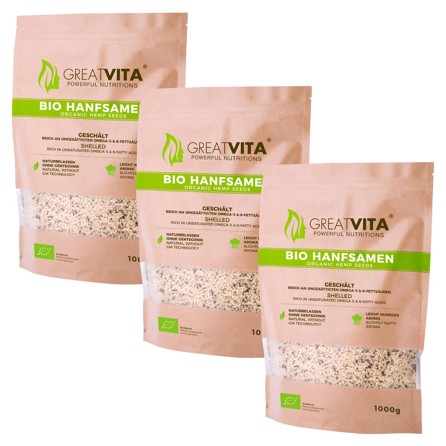 GreatVita Bio Hanfsamen, geschält, (3 x 1000g) natürliches Protein, Eiweiß