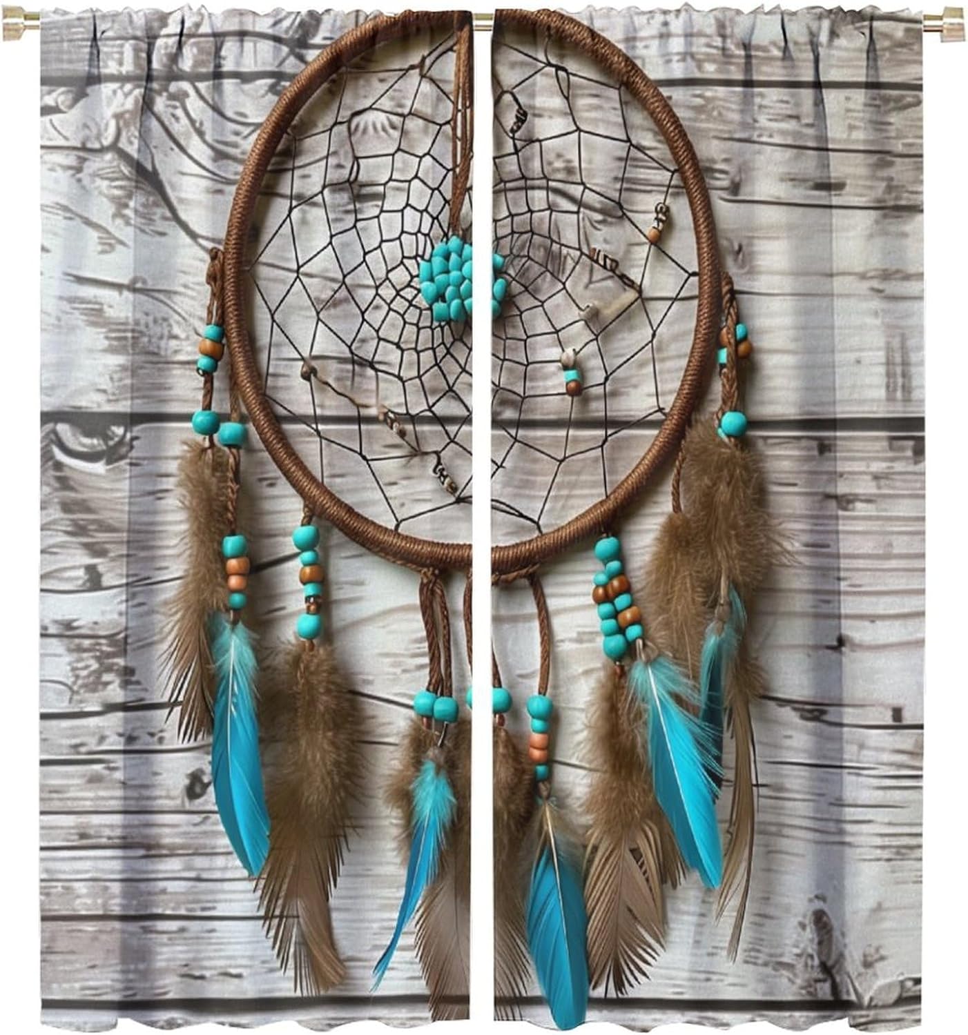 Retro Dream Catcher Blackout Curtains for Bedroom/Living Room, Glam Feather Wood Plank Thermal Insulated Curtains Rod Pocket Window Drapes, 2 Panels/Each 21" W x 45" L