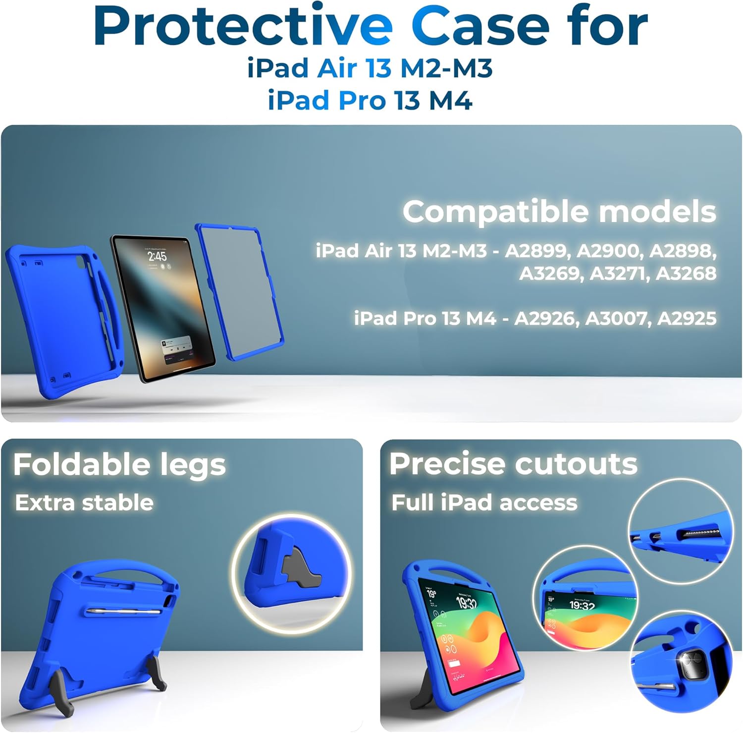 Bam Bino Space Suit Rugged Kids Case for Apple iPad Pro 13 M4, iPad Air 13 M2/M3 (2024/2025) Case for Kids with Built-in Screen Protector, Handle, Stand, Pencil Holder, Shoulder Strap (Galactic Blue)