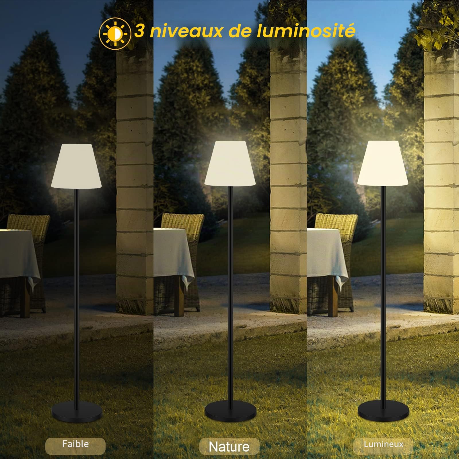 Lampadaire solaire intérieur extérieur étanche sans fil rechargeable capteur lumière LED luminosité variable jardin terrasse