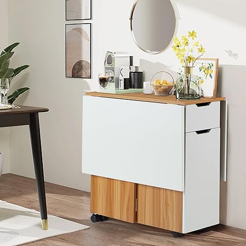 Miniatura 5 de JOMEED Mesa de comedor plegable, mesa de comedor expandible que ahorra espacio con 6 ruedas bloqueables, estantes y dibujos, mesas de hojas