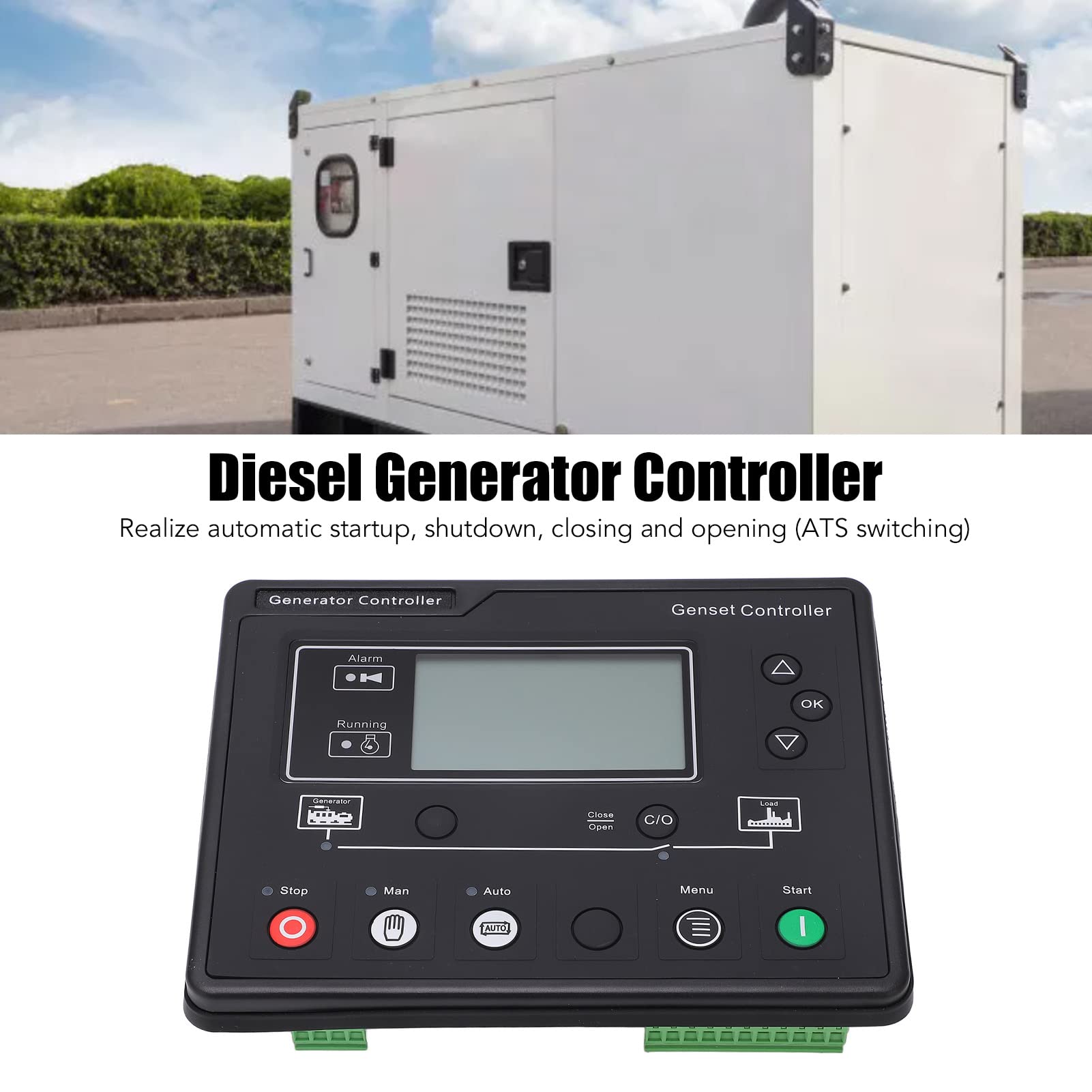 Controlador de Generador Diésel Pantalla LCD Controlador de Grupo Electrógeno Botón Táctil ABS 8 a 35V 132x64 Módulo de Inicio Automático para Sistemas de Energía Trifásicos y Monofásicos