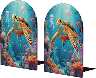Underwater World Turtle Jellyfish Wooden Bookends for Shelves Decorative Wood Bookends Heavy Duty Non-Skid Book Stoppers, 1 Pair/2 Pieces