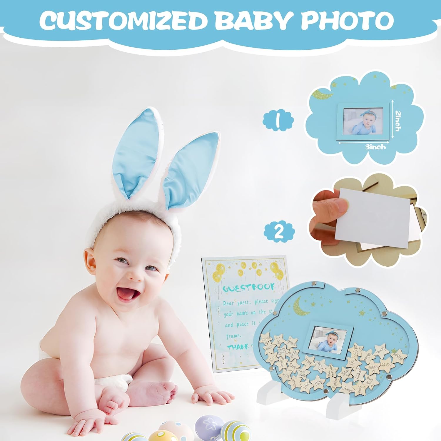 xiheer Baby Shower Guest Book Alternatives, Cloud Baby Shower Decorations with 70pcs Little Stars, Wooden Instructions and Pen, Sign in Guest Book Alternatives Picture Frame (Blue)