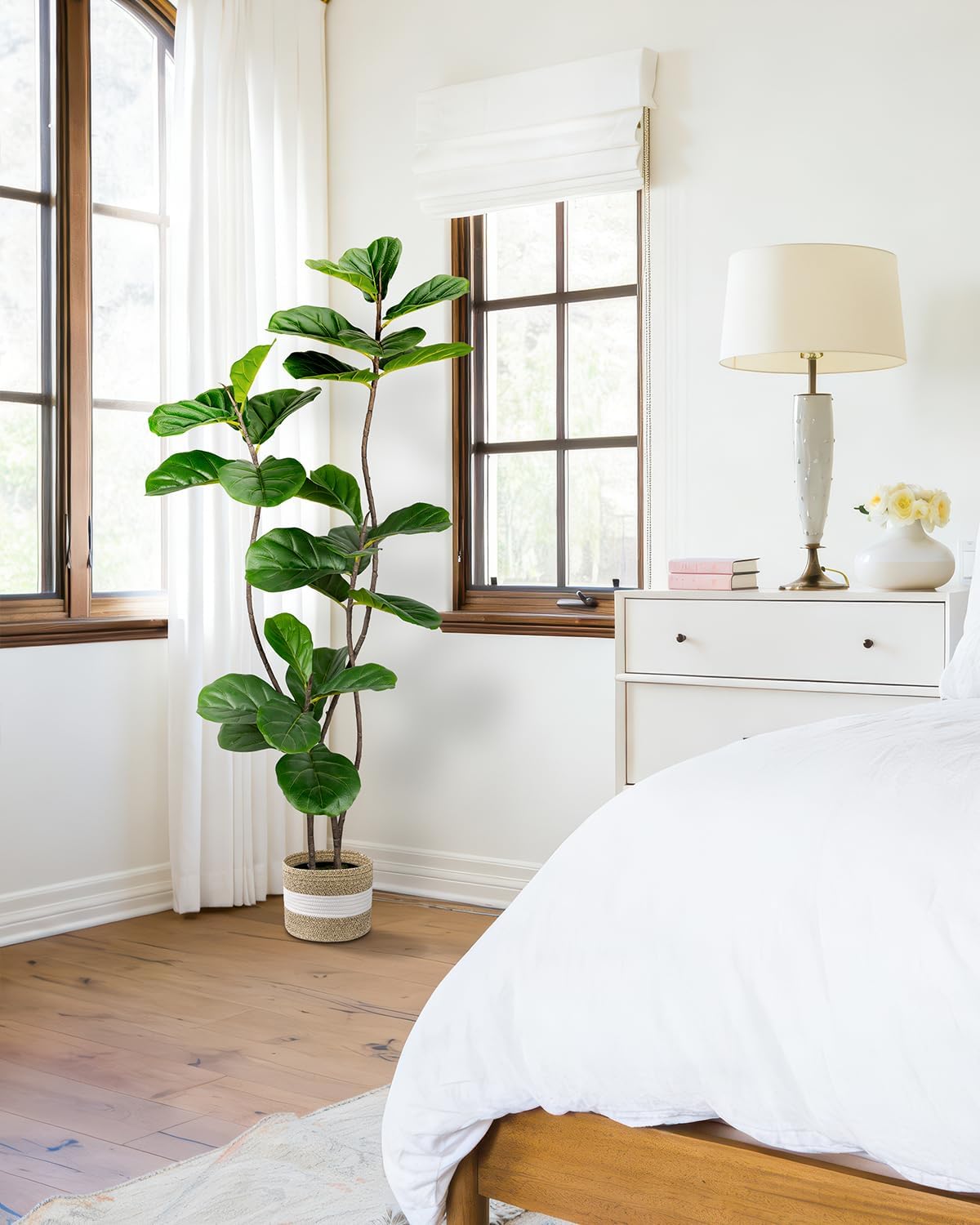 Artificial Fiddle Leaf Fig Tree 5FT with Cotton Basket | Faux Large Trees Fake Plants Tall Tree with 4 Sturdy Trunks, Indoor Artificial Plant Ficus Lifelike for Home Decor Office