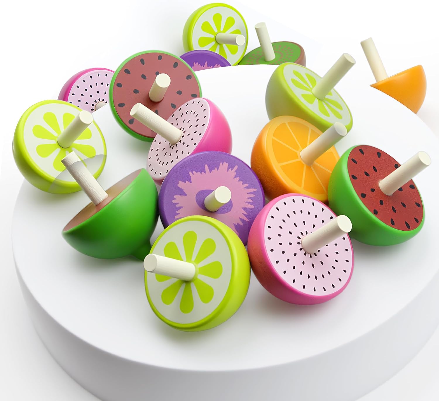 48 Pcs Fruit Spinning Tops Fun Wooden Spin Tops for Kids Toddlers Gyroscope Wood Spinner Educational Toys Class Prizes