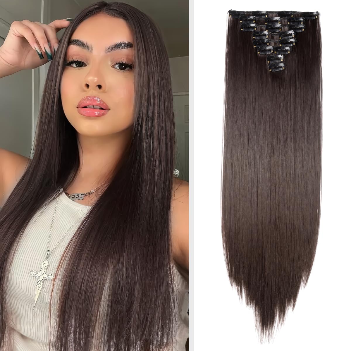 TESS Extension à Clip Cheveux Naturel 66 cm, Lisse Marron Foncé, 18 Clips, 8 PCS, Rajout Naturel 140g