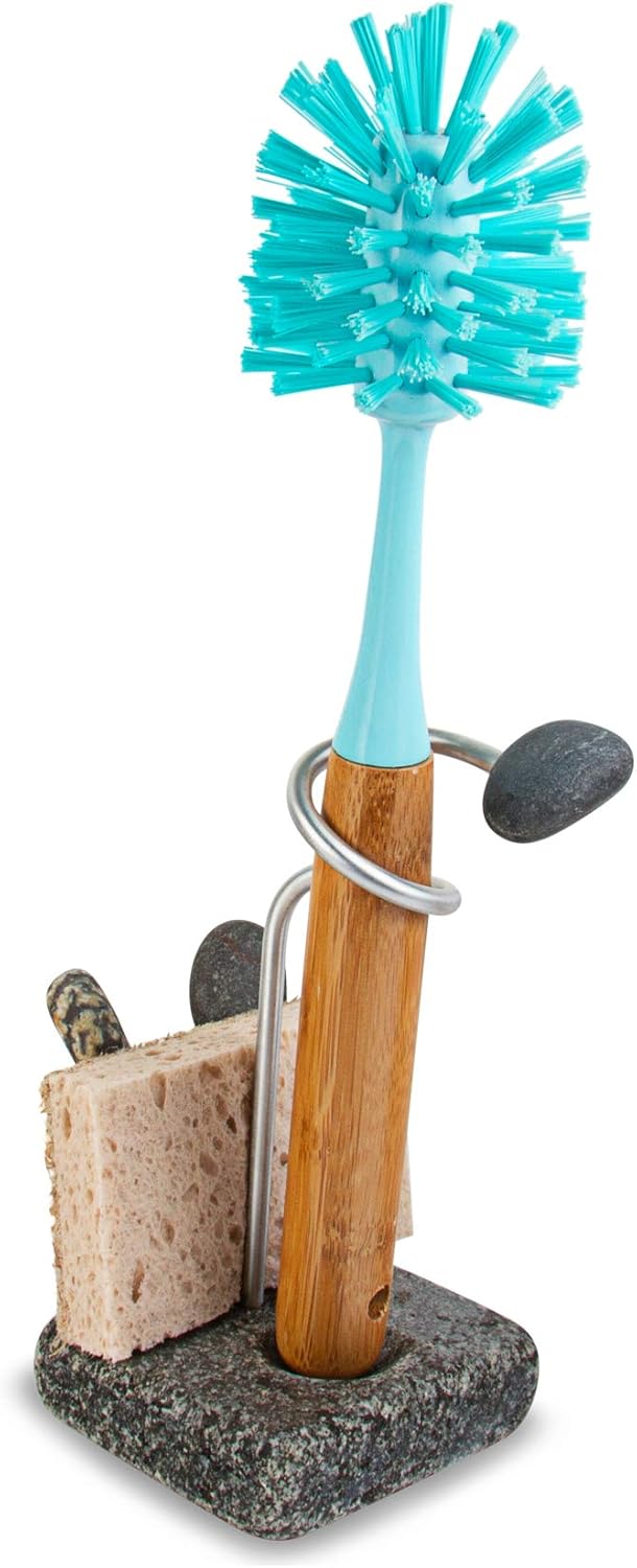 Sea Stones Splash Sponge and Brush Holder - Heavy Granite Base Kitchen Sink Caddy - Eco-Friendly Handmade Granite and Aluminium Organizer - One-Handed Grab & Quick-Dry Design - Made in USA