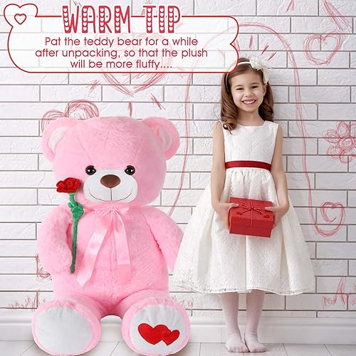 Miniatura 3 de Oso de peluche gigante de 39 pulgadas con lazo de cinta, rosa, suave, para niños, novia, cumpleaños (elegante)