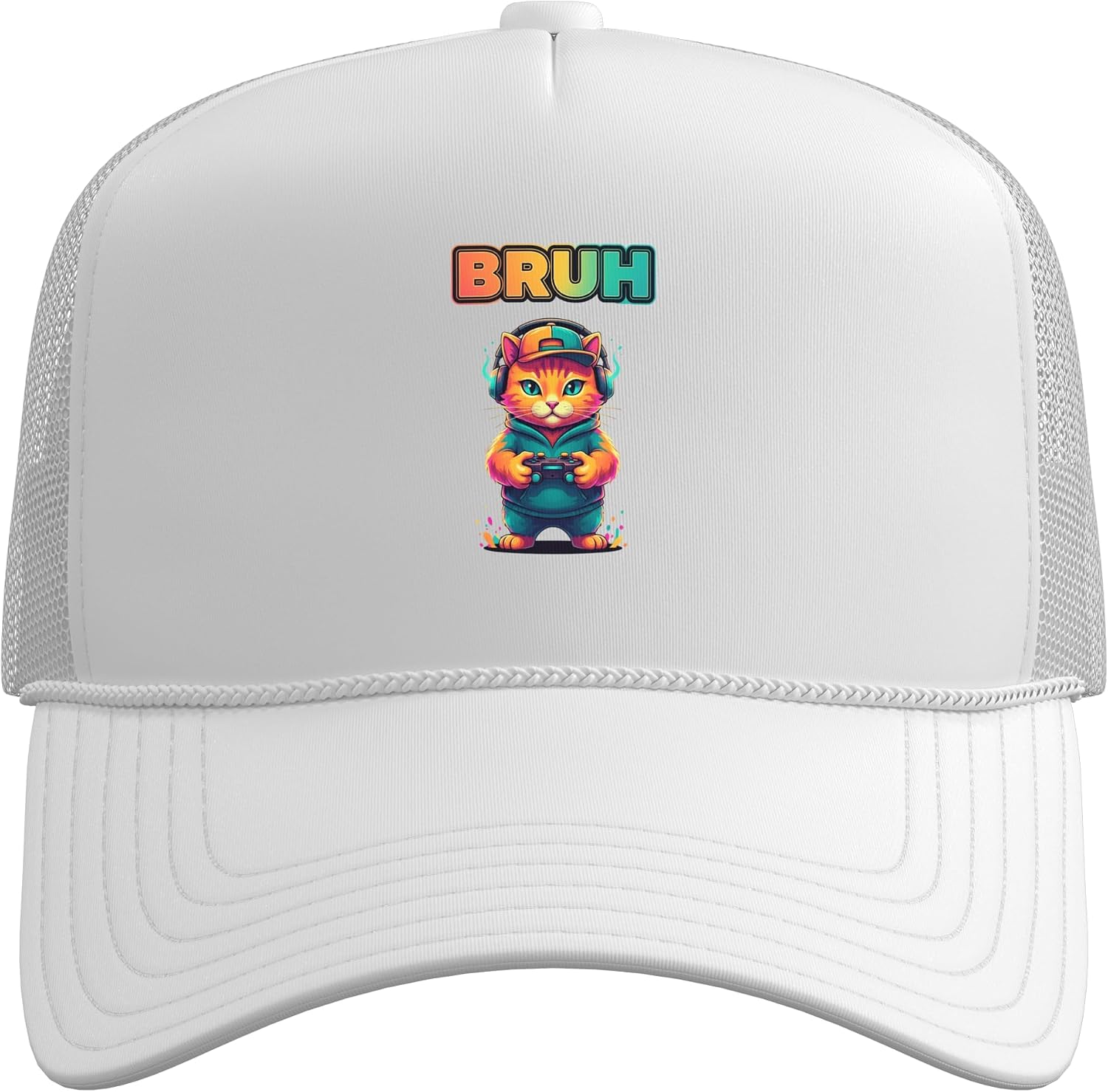 Bruh Gaming Cat Controller Gamer Cute Cat Trucker Hat with Adjustable Mesh Back image 2