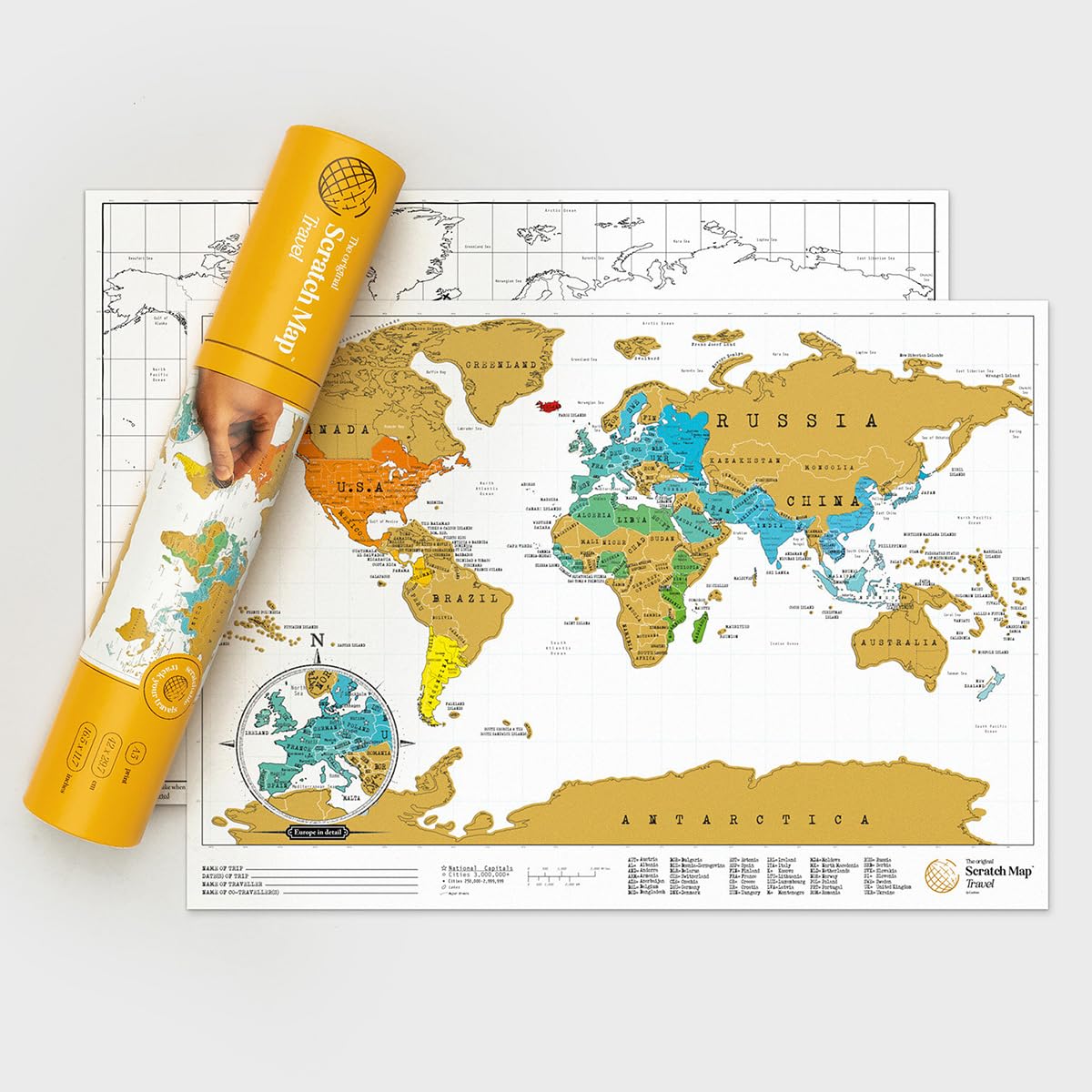 Mapa Scratch Map Travel Map – spersonalizowany plakat podróżny w formacie światowym z mapami, wyprodukowany w Wielkiej Brytanii