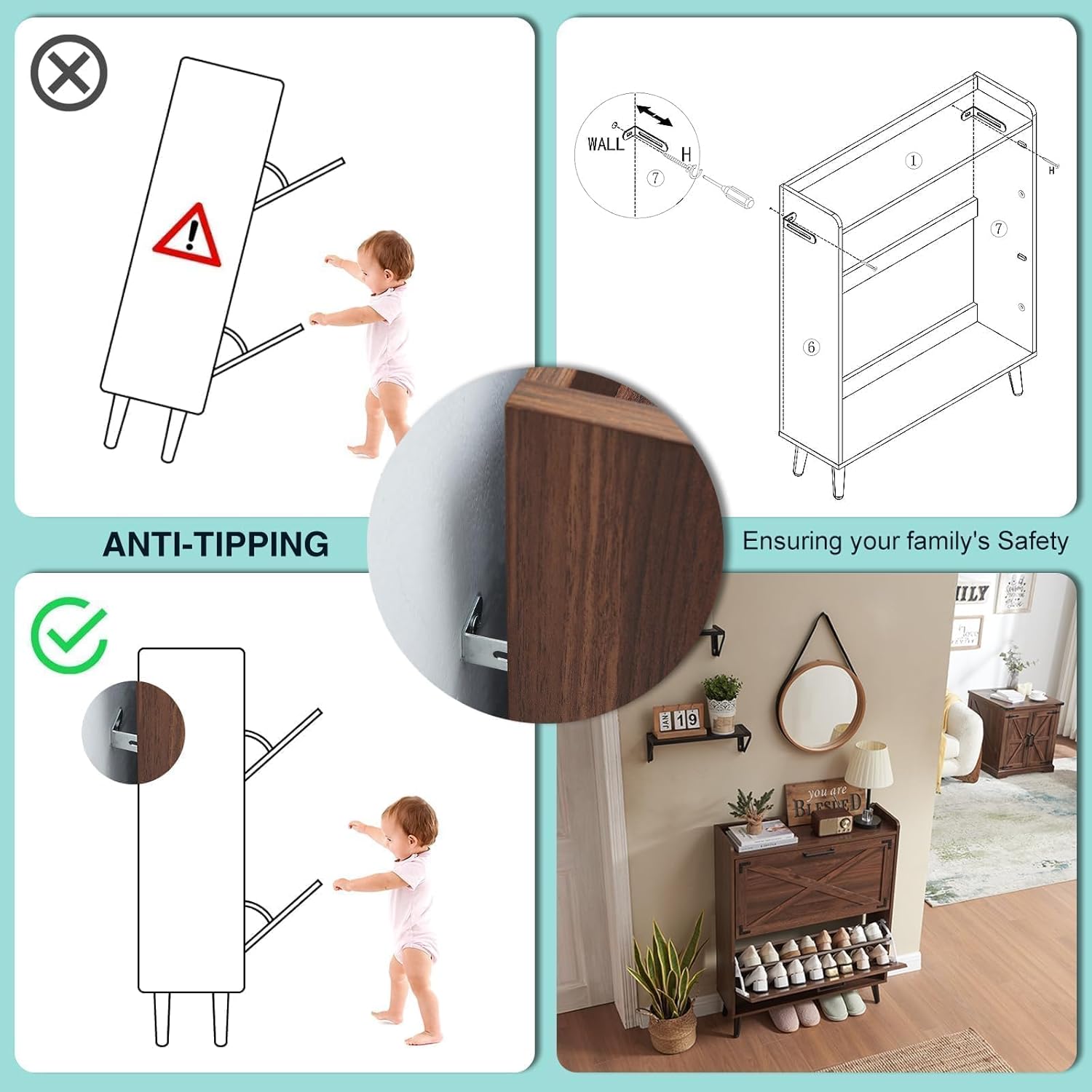 Shoe Storage Cabinet,Farmhouse Shoe Organizer with 2 Flip Drawers & Barn Door Design,Freestanding Hidden Slim Narrow Shoe Rack Cabinet for Entryway,Foyer,Hallway,Walnut Walnut 2-Drawers image 6 of 7 B0CR6DJL9S