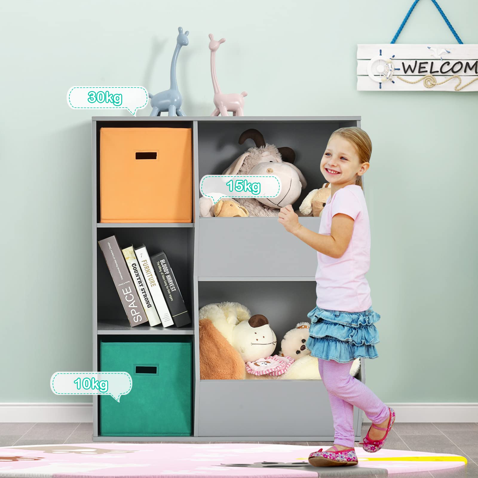 COSTWAY Estantería Infantil para Juguetes, Organizador de Juguetes, 3 Cubos y 2 Amplias Cajas Abiertas, Sala de Juegos de los Niños, Salón, 76 cm x 28 cm x 94 cm (Gris)