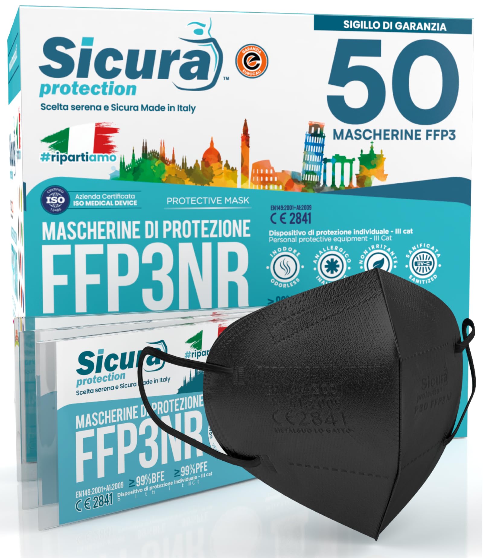 25 Mascherine FFP3 SICURA Blu - Certificate CE, Made In Italy, Filtrazione ≥99% - Foto 3