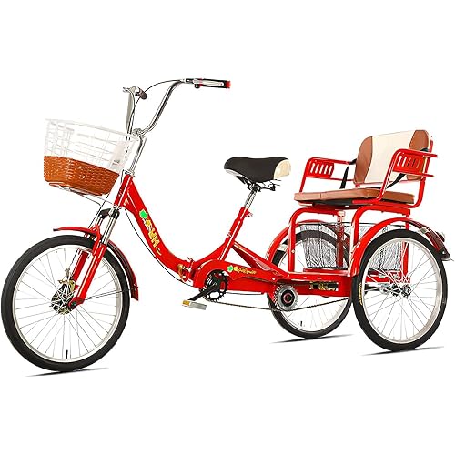 Adult Tricycle Folding for Seniors Comfortable seat 3 Wheel Bicycle with Shopping Basket Double Chain 20 Inch Shock Absorber Front Fork Parents and Children Maximum Load 200kg (red) 27*27*17