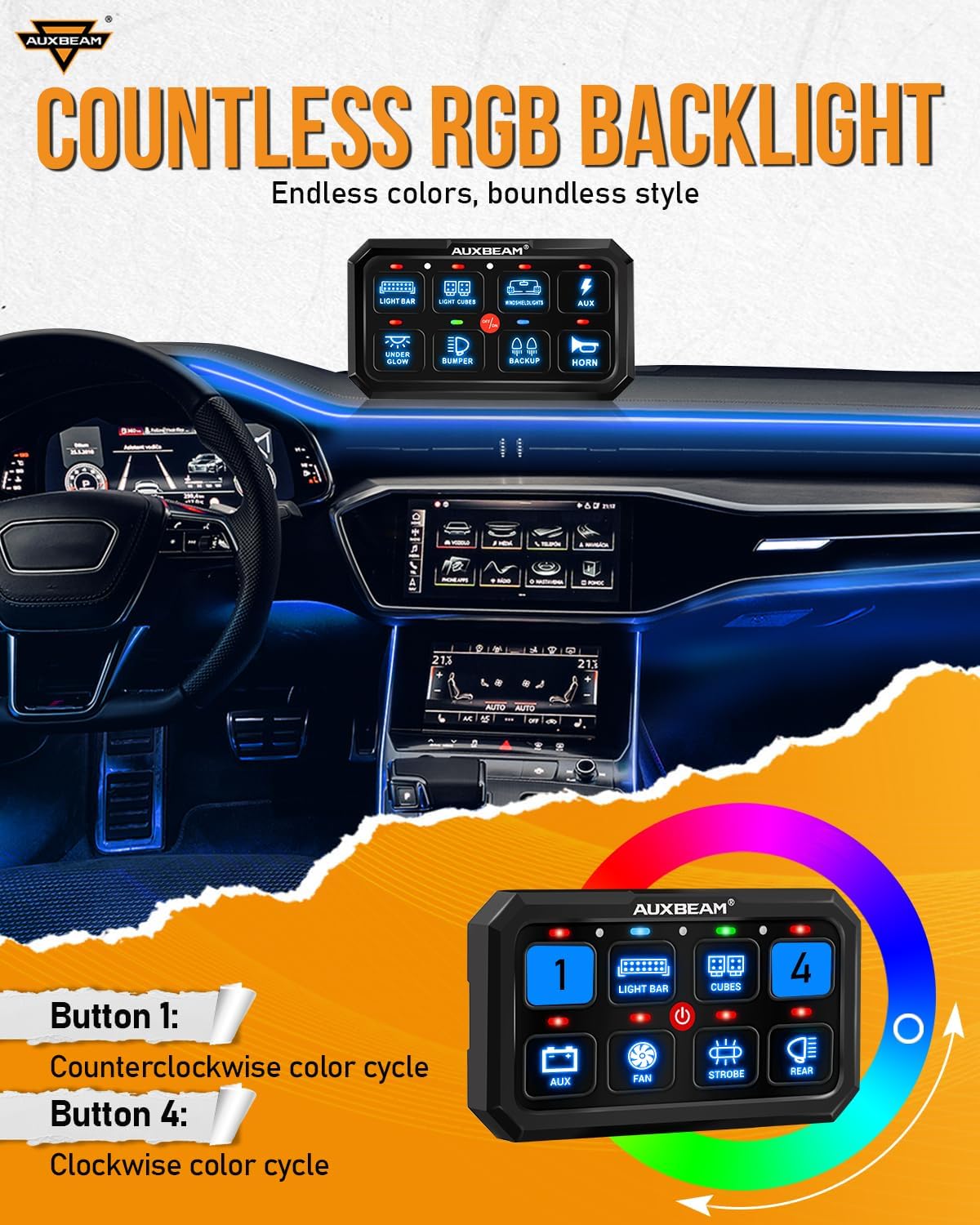 Auxbeam 8 Gang Switch Panel RA80 XL RGB Momentary Pulsed Toggle Switch Panel, Dimmable Backlight Multifunction Switch Panel with Memory Function for 12-24V Truck Offroad Car Marine, 3 Years Warranty