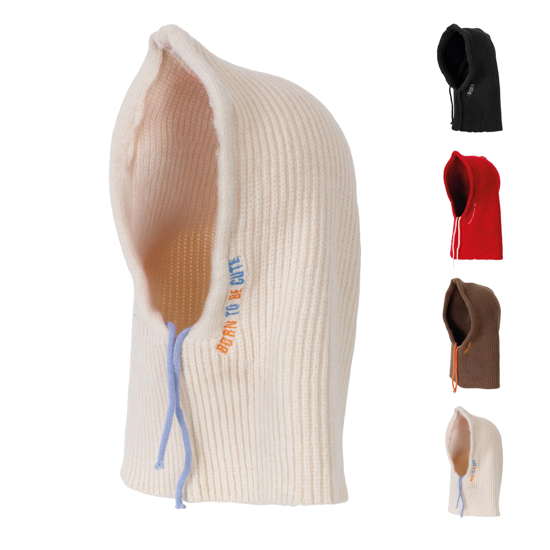 Fisura – Balaclava beżowa "Born to be cute”, modna balaclava damska na zimę, pasamontañas z dzianiny z kapturem, stylowy dodatek i ochrona przed zimnem