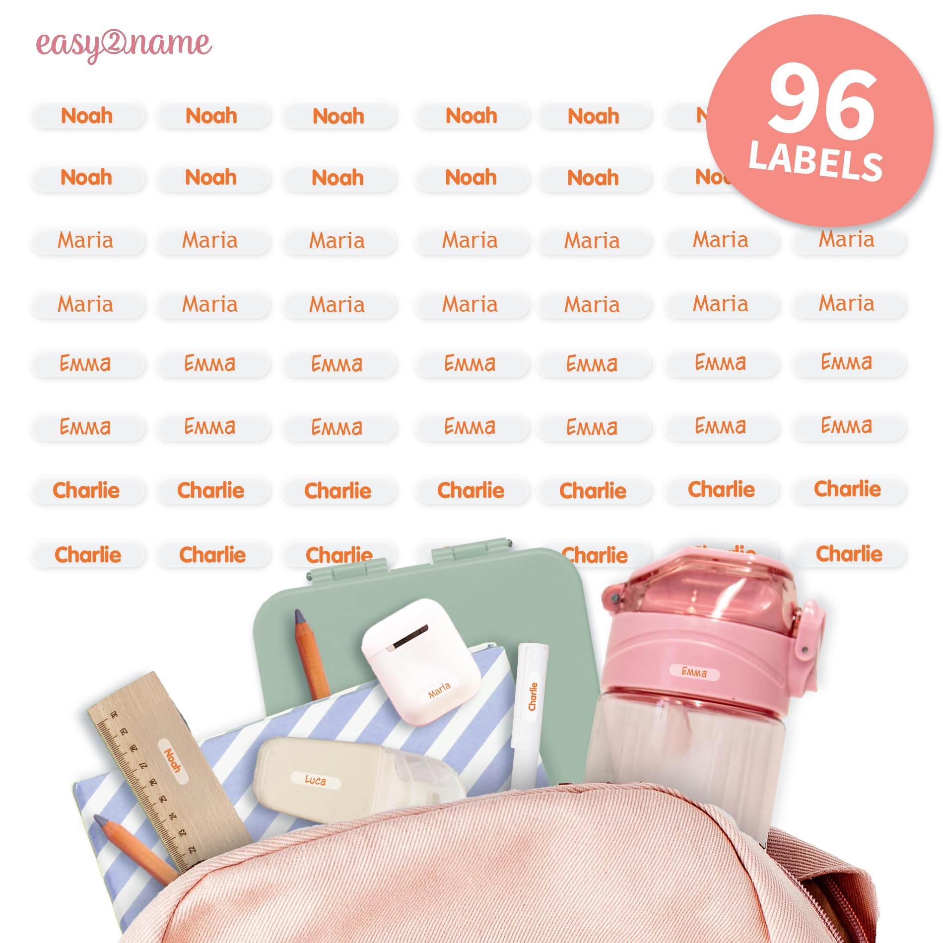 Easy2Name - Personalised mini XS Name Labels - Waterproof Name Stickers for Children and Adults - Ideal as Name Stickers in The Office, Workshop or School -20x4mm - Transparent (Orange, 96)