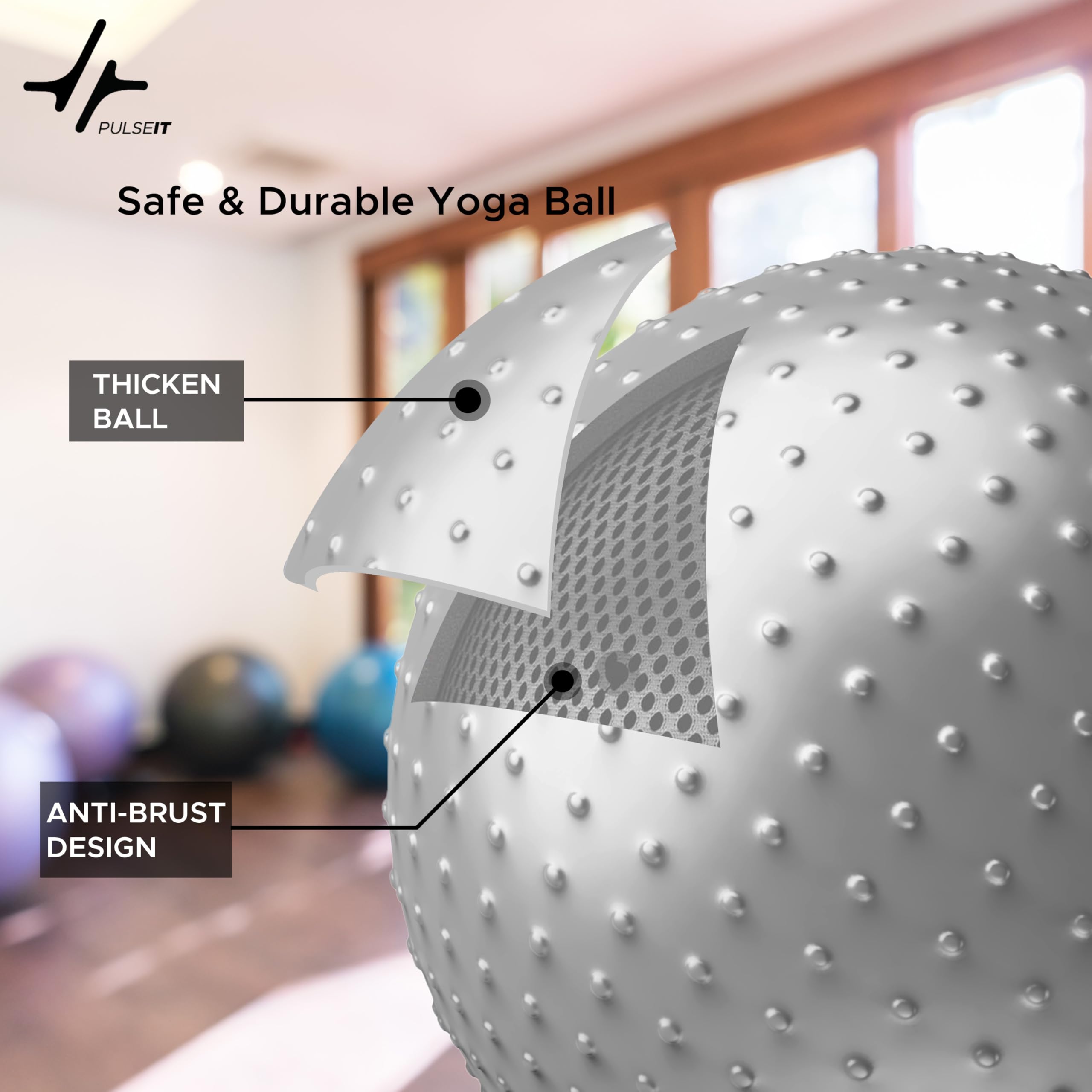 PulseITCoreSphere Anti-Burst Spiky Gym Ball with Foot Pump Exercise Stability Ball for Yoga, Pilates, Balance Training, Core Strength, Home & Office Fitness for Men & Women (75cm-Silver) 2