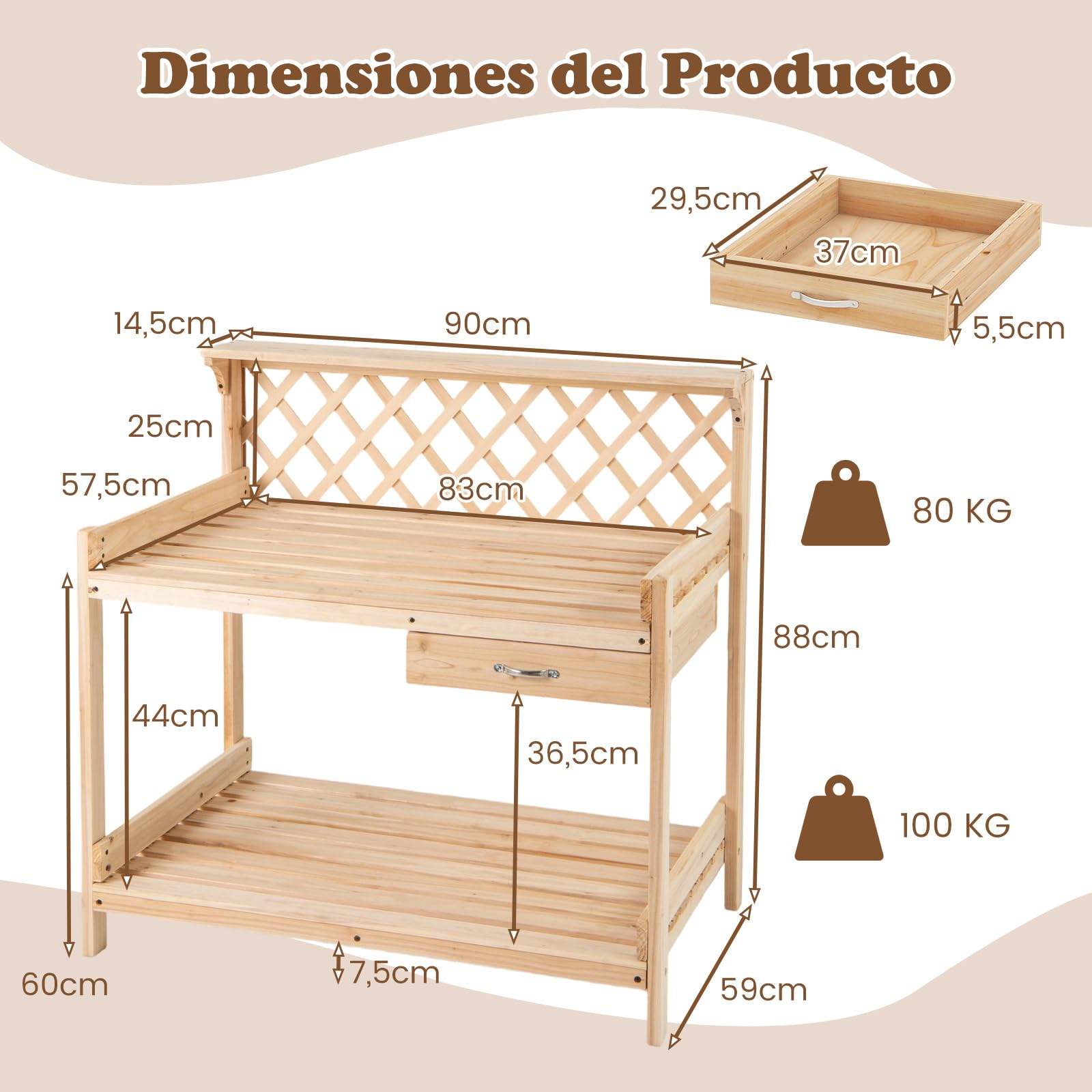 COSTWAY Mesa de Plantación de Madera, Estación de Trabajo de Plantación con Enrejado, Cajón Extraíble, Estante Superior, Mesa de Trabajo de Jardín para Interior y Exterior, 90 x 59 x 88 cm