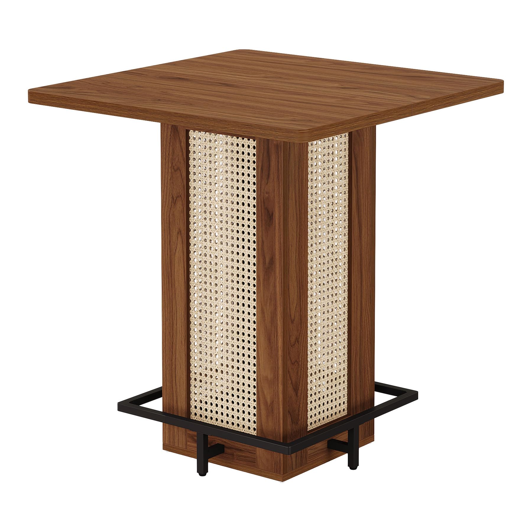 Tribesigns Table de Bar Carrée 80×80cm, Mange-Debout Bohème Cannage Rotin, Plateau Bois Marron Pied Métal Noir, Table Haute avec Repose-Pieds pour Cuisine Salon Café Balcon