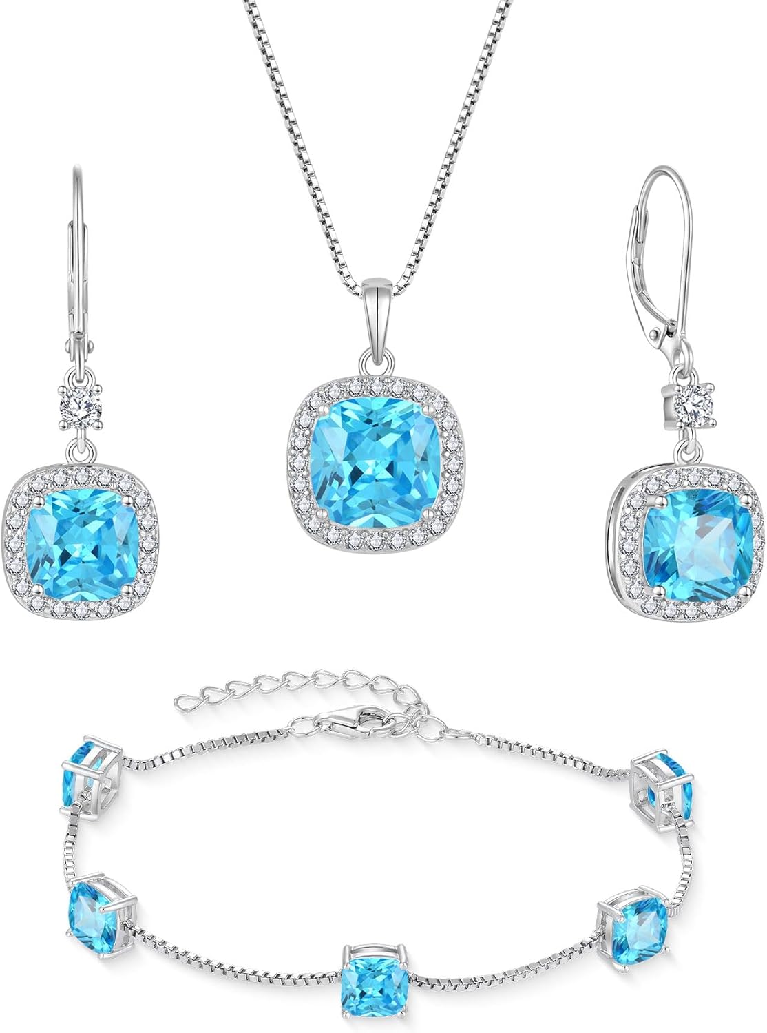 Princess Cut Jewelry Set 925 Sterling Silver Aquamarine Earrings Dangle Drop Leverback March Birthstone Necklace and Bracelet Jewelry Gifts for Women