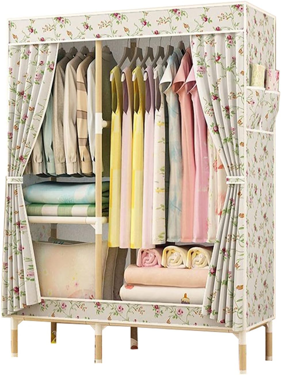 Armario Plegable con borlas, Dormitorio portátil, Armario de Tela para Dormitorio, Barra de Ropa de Madera Maciza, Organizador de Almacenamiento para Colgar