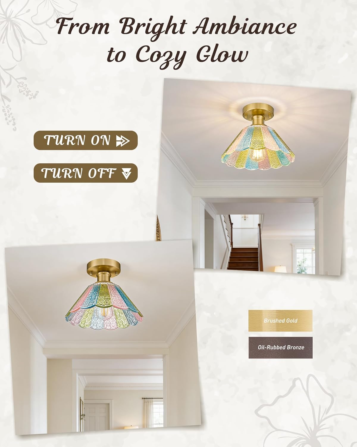 Semi Flush Mount Ceiling Light, HWH Modern Light Fixtures Ceiling Mount with Colored Floral Glass, 10 Inch Kitchen Ceiling Light Fixture for Bedroom Kitchen Foyer, Gold Finish, 5HJX110F BG-C