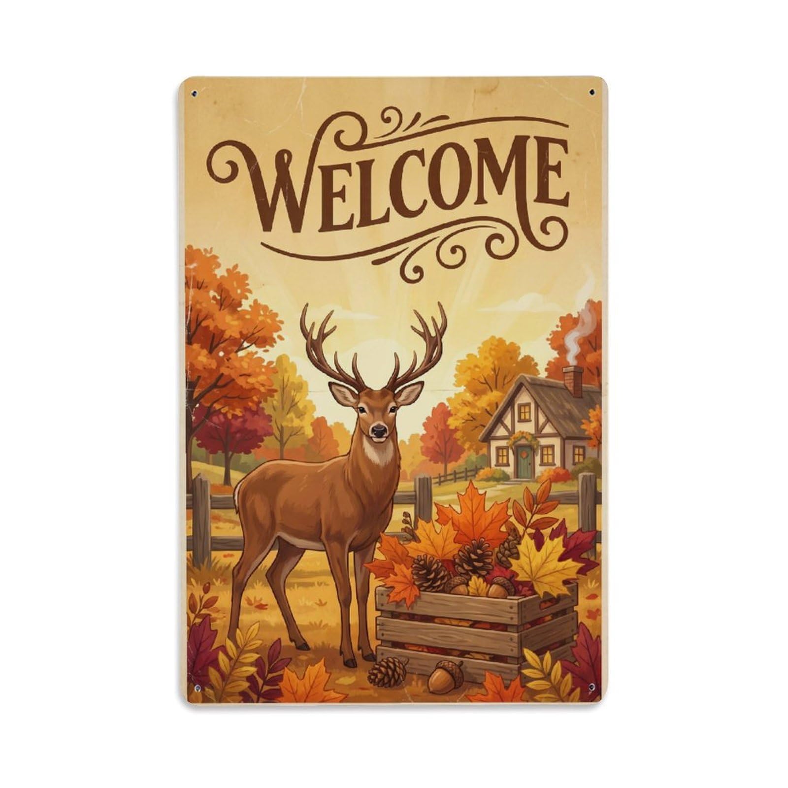 Vintage Welcome Deer Woodland Friends Metal Tin Sign