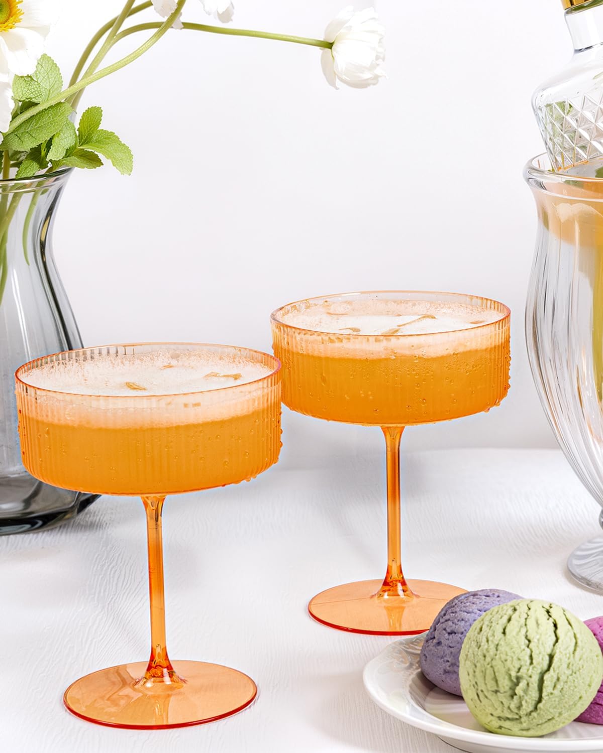 Ciaell 12PCS Plastic Ribbed Martini Glasses - 10 Oz Amber Disposable Coupe Glasses with Stem - Heavy Duty Margarita Cups for Bars, Cocktails, Whiskey, Parties & Wedding