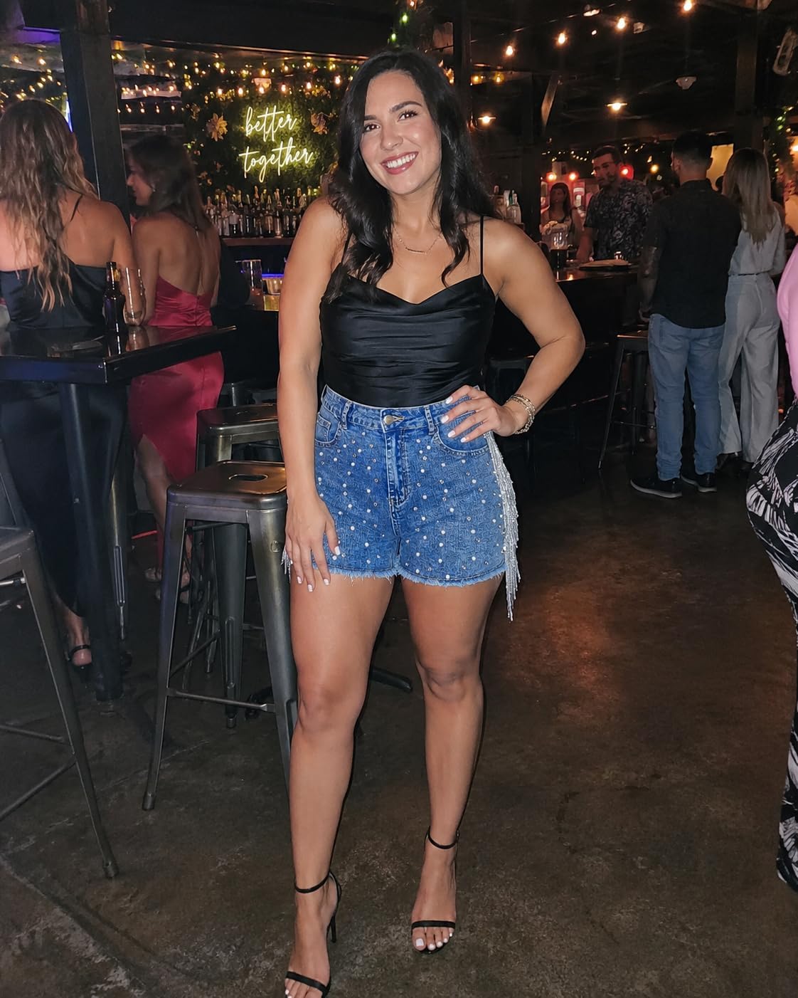 Women’s Rhinestone Denim Shorts Pearl Embellished Jean Short with Sparkly Fringe Raw Hem Festival Western Outfit