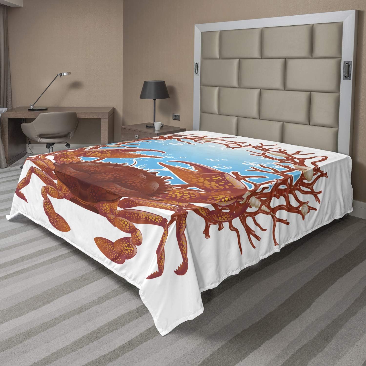 Ambesonne Seashells Flat Sheet, Crab Spiral Seashells and Red Coral Frame Aquarium Claws Nature, Soft Comfortable Top Sheet Decorative Bedding 1 Piece, Queen Size, Dark Orange Burgundy