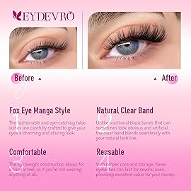 EYDEVRO False Eyelashes Wispy Lashes D Curl Cat Eye Lashes Clear Band Manga Lashes Natural Look Fox Eye Fake Lashes Fluffy Faux Mink Strip Lashes 7 Pairs Pack