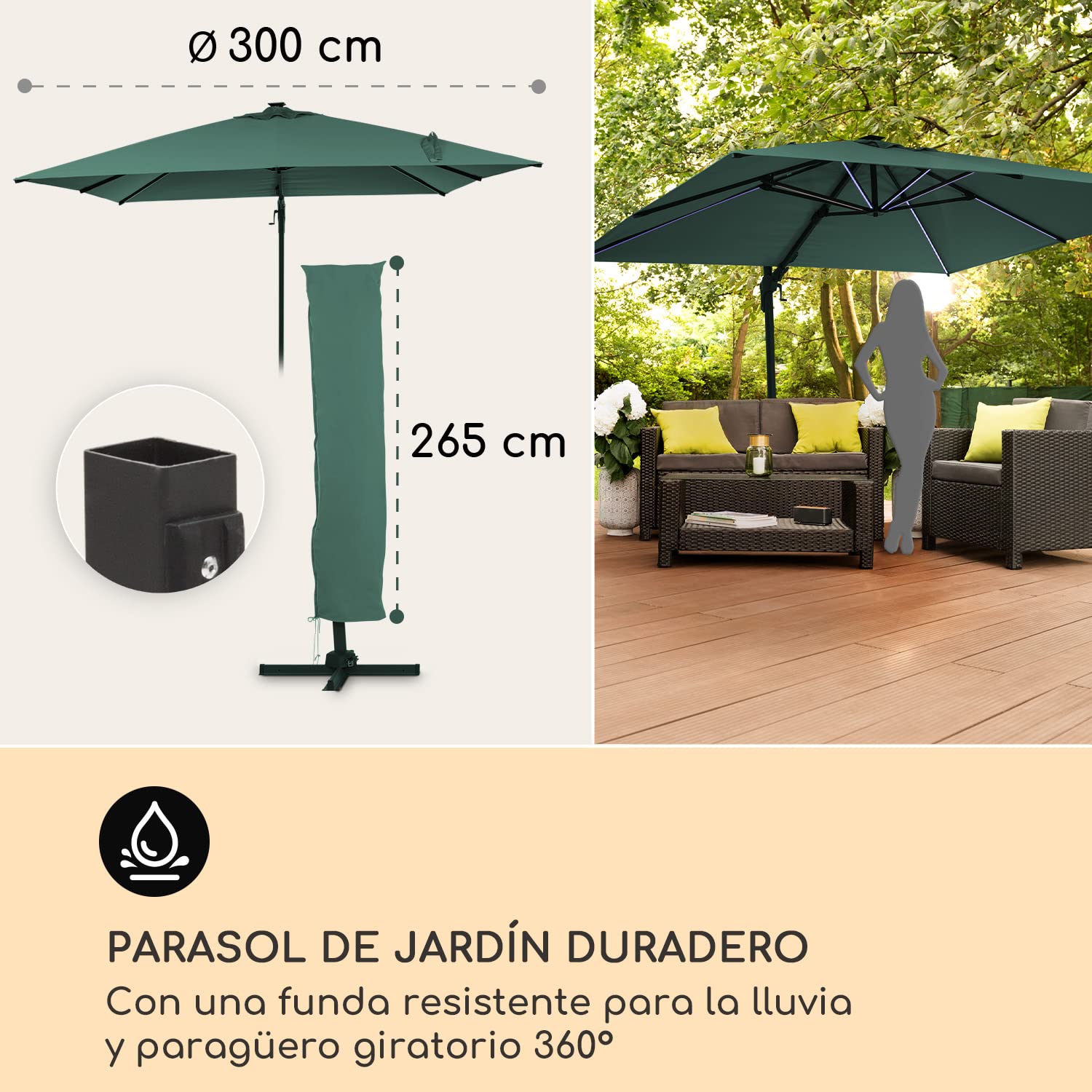 blumfeldt Sombrilla Terraza Exterior, Parasol Jardin con Panel Solar y LED, Sombrilla Jardin y Patio, Sombrillas Terraza Resistentes al Agua y a los Rayos UV, Sombrillas Ajustables sin Base