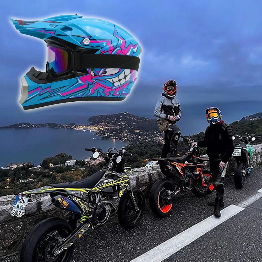 Casque de Moto, Casque de Motocross Pour Jeunes Enfants, Homologué DOT, Casque de Course Universel Quatre Saisons Avec Gants, Lunettes, Masque, Ensemble de 4 PièCes(126 Blue Moon,M(54-55cm))