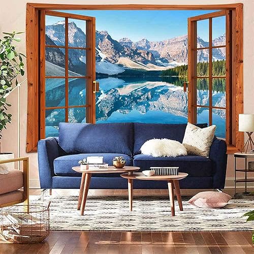Miniatura 5 de Aidatain Tapiz de ventana de montaña, lago, bosque, escena, paisaje natural, para colgar en la pared, tapices grandes de franela de 80 x 60