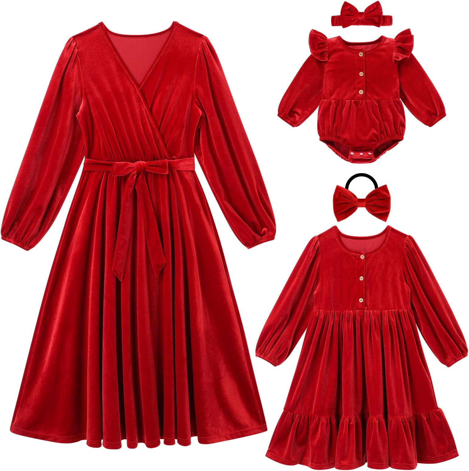 FYMNSIMommy and Me Matching Outfits Mom Daughter Christmas Party Dress Women Girls Velvet Long Sleeve Dress Family Clothes