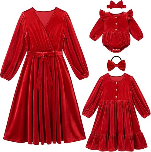 AWIBMK Vestidos de Navidad para mamá y yo, vestido de terciopelo de manga larga, otoño, invierno, Navidad, vacaciones, mamá, hija, trajes a juego